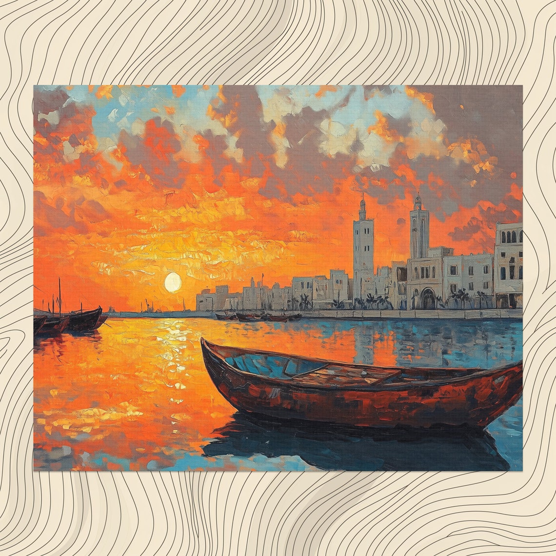 Bahrain Harbor Sunset Dhow Boat White Minarets Orange Sky Poster