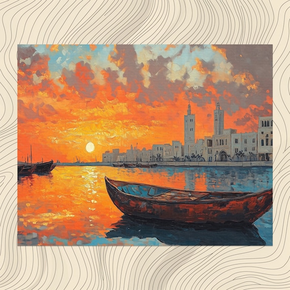 Bahrain Canvas Wall Art Pearl Diving Boats And Manama Sunset Cityscape Print Colorful Skyline Decor Picturesque Painting Lover