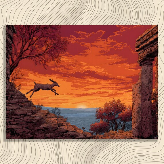 Deer Canyon Sunset Canvas Wall Art Modern Wildlife Landscape Print Vibrant Nature Decor Orange Sky Ancient Ruins Painting