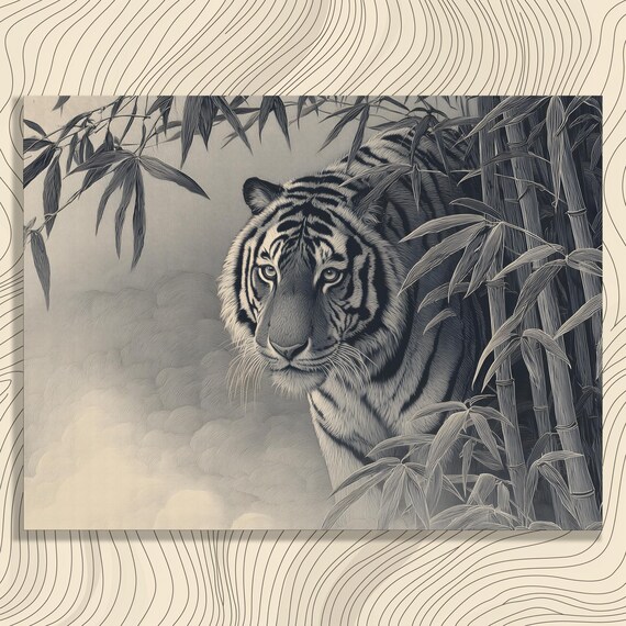 Majestic Bengal Tiger Canvas Wall Art Bamboo Forest Mist Jungle Decor Print For Nature Lover Wildlife Gift Monochrome Sketch Hanging