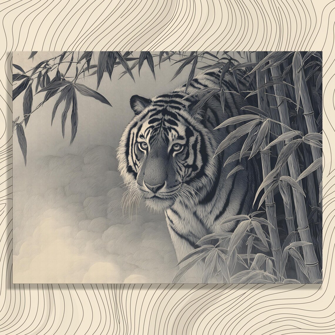 Majestic Bengal Tiger Canvas Wall Art Bamboo Forest Mist Jungle Decor Print For Nature Lover Wildlife Gift Monochrome Sketch Hanging