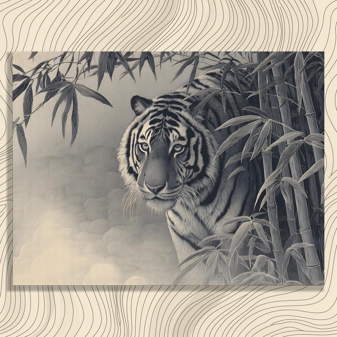 Majestic Tiger Bamboo Forest Mist Engraving Style Wildlife Wall Art