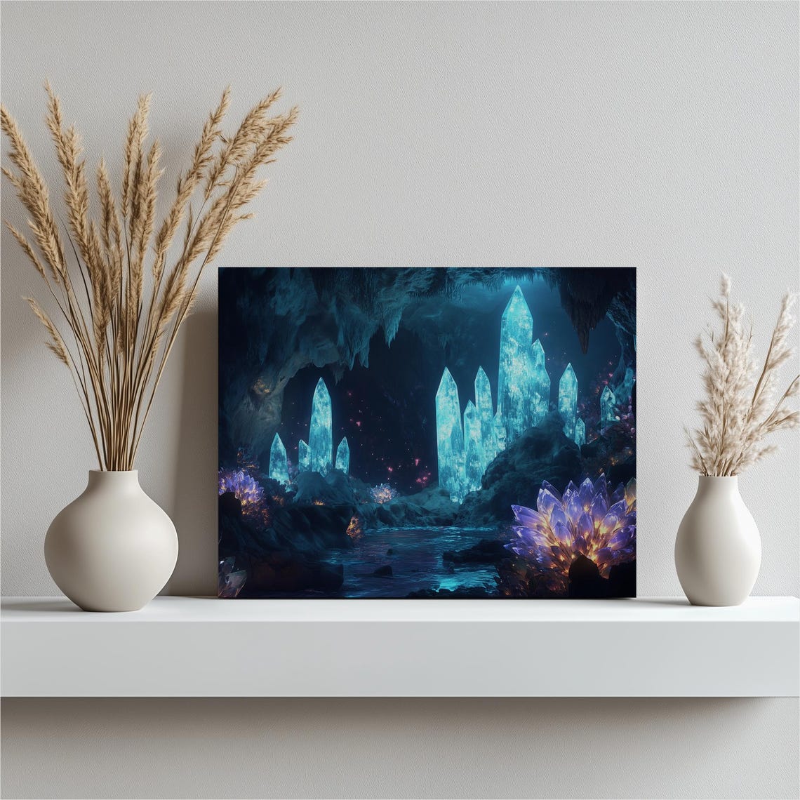 Crystal Cave Glowing Blue Crystals Underground Lake Fantasy Poster