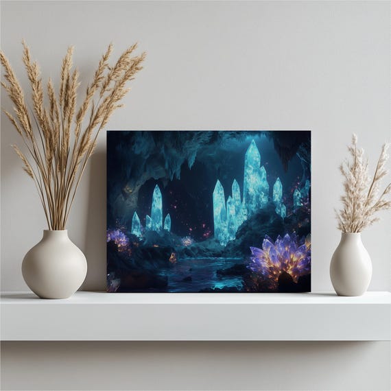 Crystal Cavern Wall Art Canvas Cave Artwork Fantasy Decor Nature Scene Home Painting Magical Landscape