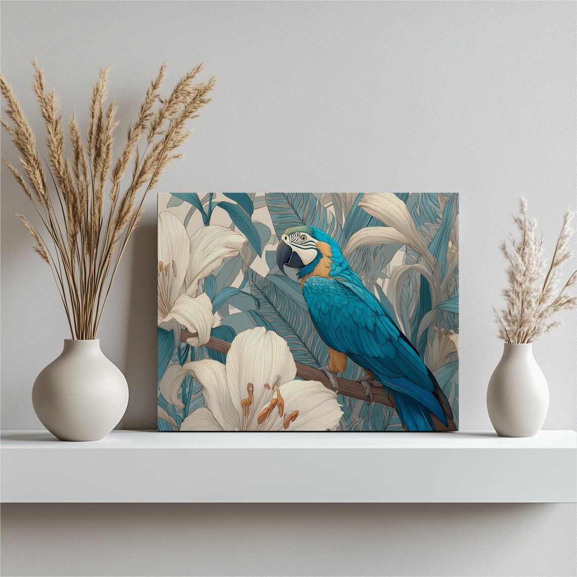 Tropical Macaw Canvas Wall Art Botanical Foliage With White Lilies Bird Print Nature Decor In Blue Teal Beige Tones