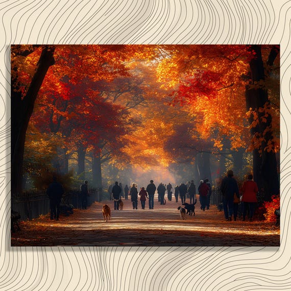 Autumn Park Path Glowing Fall Foliage Walkway With Dogs Wall Art