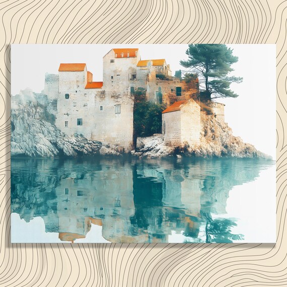Serene Coastal Village Rock Fortress Mediterranean Reflection Poster