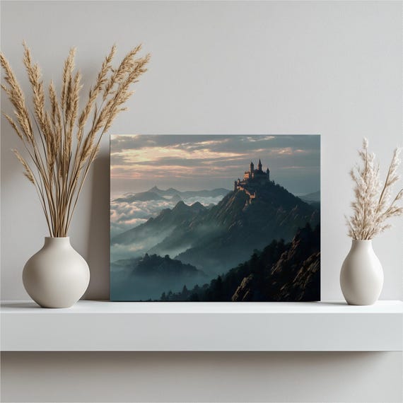 Misty Castle Mountain Canvas Wall Art Foggy Medieval Forest Landscape Print Dreamy Mist Sunrise Scene Decor