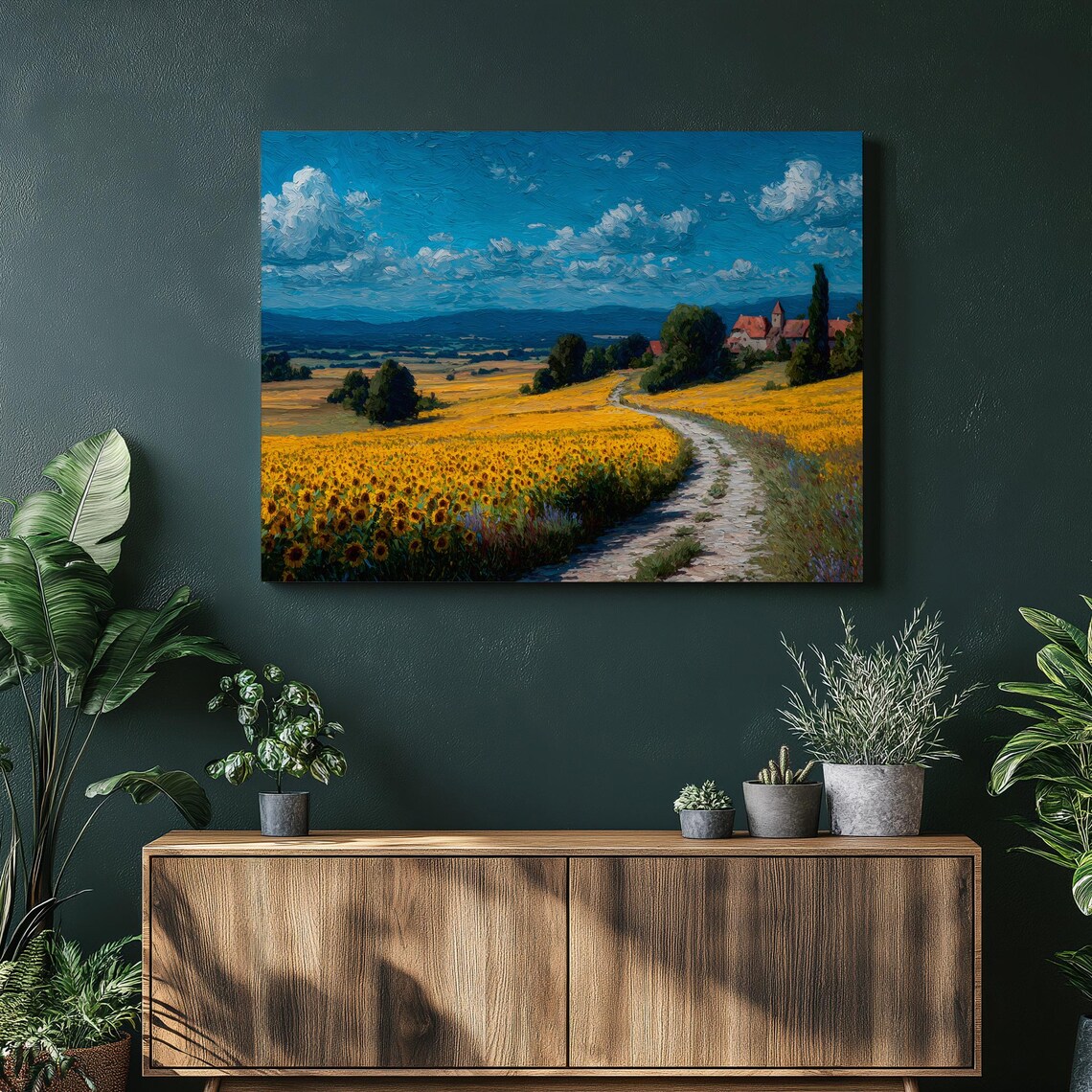 Sunflower Field Country Road Village Church Summer Oil Painting Poster