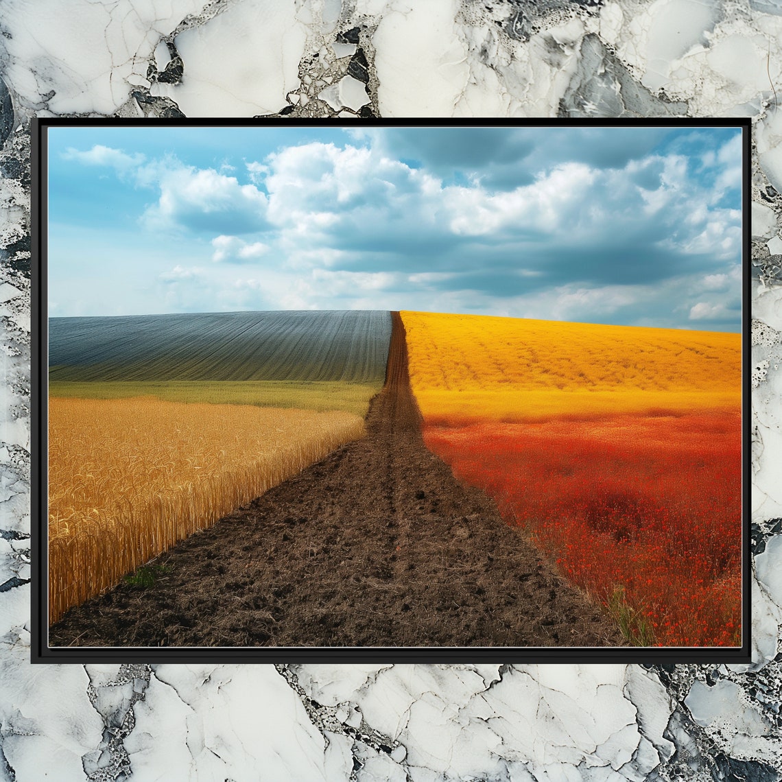 Golden Wheat Field Plowed Dirt Road Blue Sky Farm Photo Poster