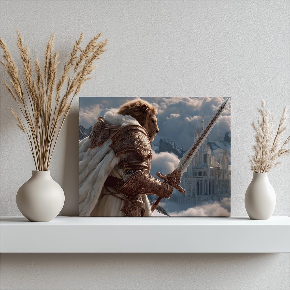 Epic Lion Knight in Armor with Sword Before Fantasy Castle Wall Art