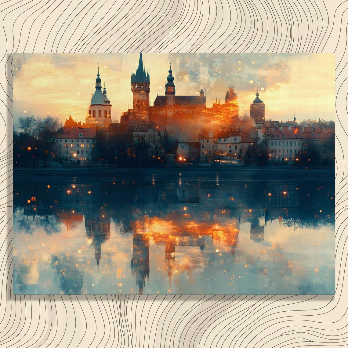 Dreamy Historic Cityscape Canvas Wall Art Twilight Water Reflection With Modern Urban Architecture And Evening Lights