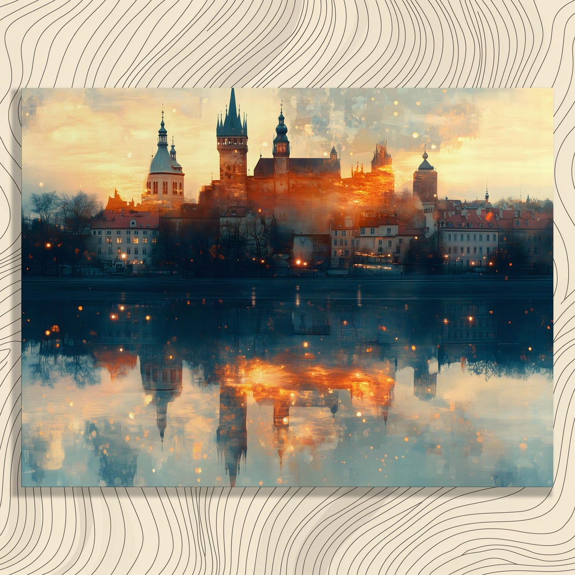 European Old Town Dusk River Reflection Warm Cityscape Poster