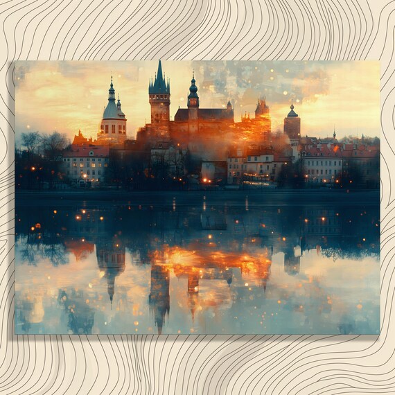 Dreamy Historic Cityscape Canvas Wall Art Twilight Water Reflection With Modern Urban Architecture And Evening Lights