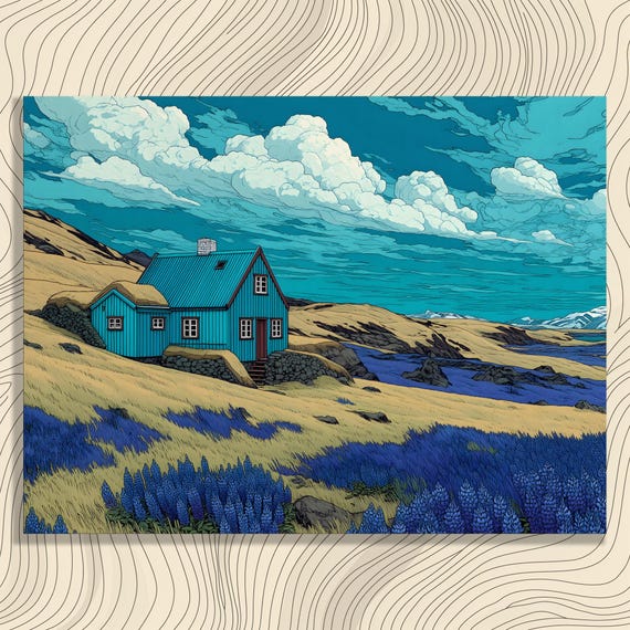 Blue Cabin Meadow Canvas Wall Art Colorful Lupine Wildflowers Landscape Print Nature Decor Mountain Sky Rustic Grassland
