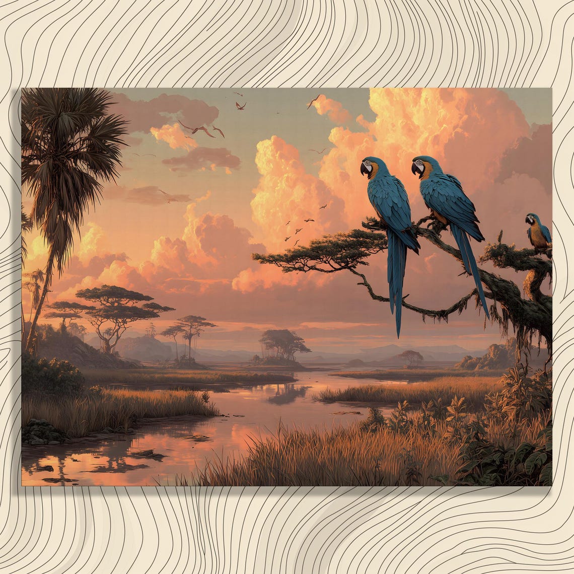 Blue Macaw Parrots at Tropical Sunset River Canvas Style Wall Art
