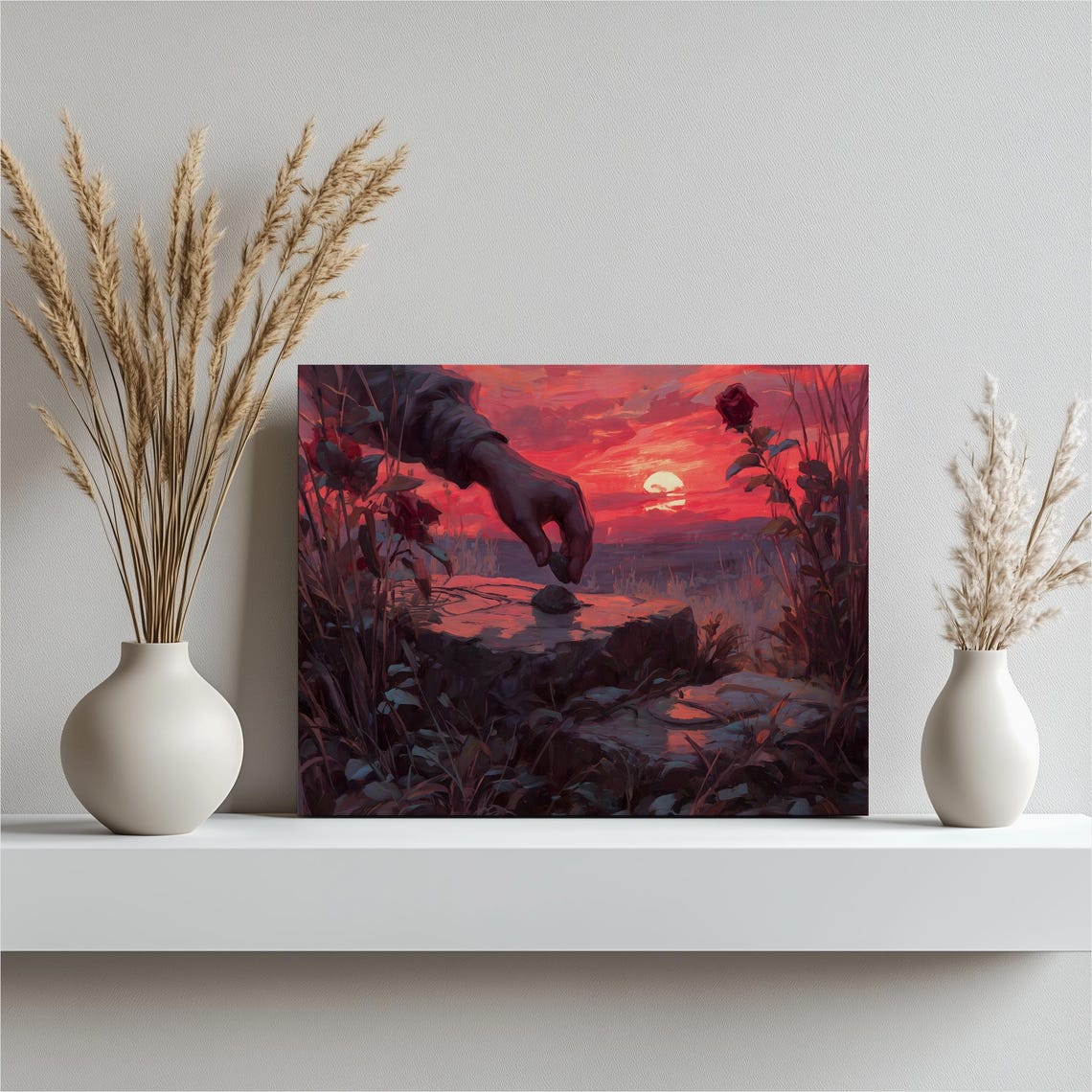 Sunset Rock Cairn Hand Placing Stone Red Sky Art Wall Poster