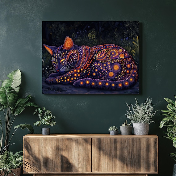 Mystical Glowing Pointillism Cat Dot Art Purple Orange Night Wall Art