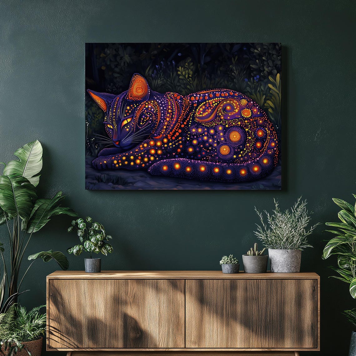 Mystical Glowing Pointillism Cat Dot Art Purple Orange Night Wall Art