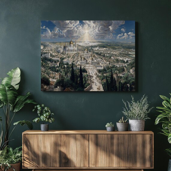 Ancient Temple Cityscape Canvas Wall Art Luminous Traditional Painting Print Of A Heavenly City Golden Domes Sunburst Blue Sky Decor Gift
