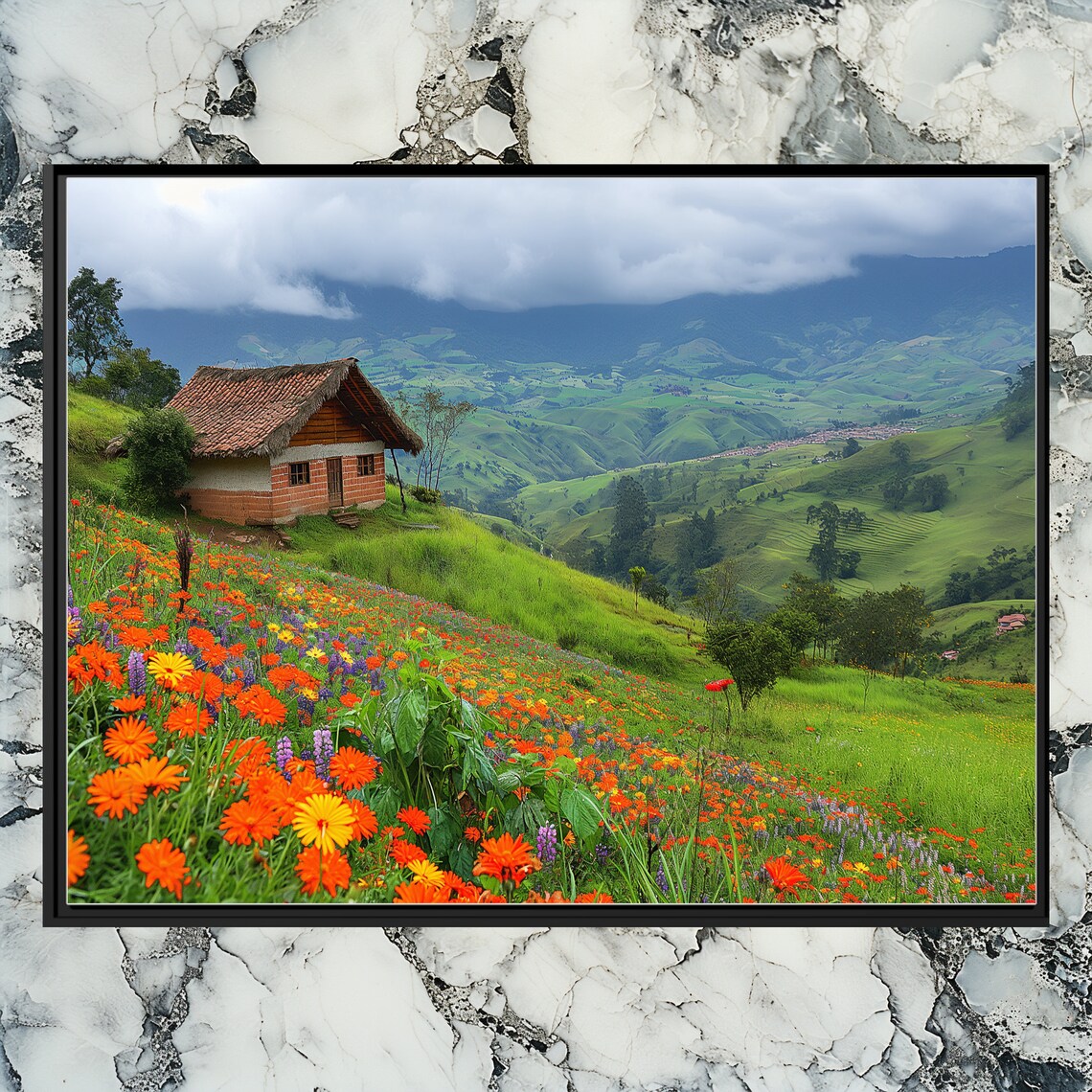 Colombia Mountain Cabin Wildflower Meadow Green Valley Poster