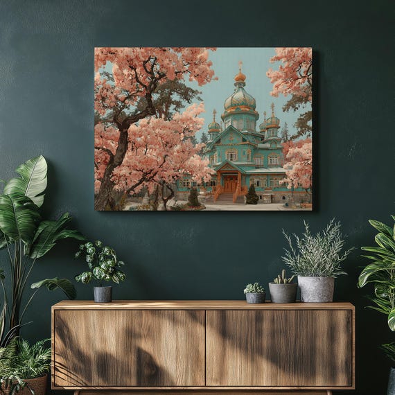 Cherry Blossom Church Canvas Wall Art Pastel Russian Architecture With Onion Domes Spring Garden Colorful Botanical Nature Travel Landmark