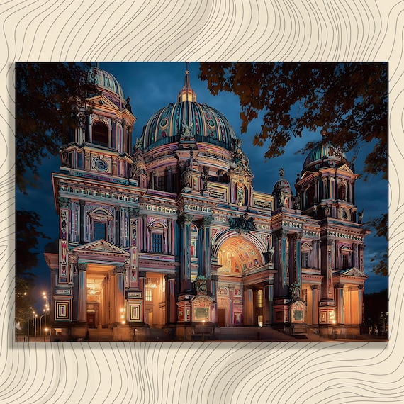 Illuminated Cathedral Canvas Wall Art Baroque Architecture Night Cityscape Dome Photography European Landmark Colorful Facade Urban Print