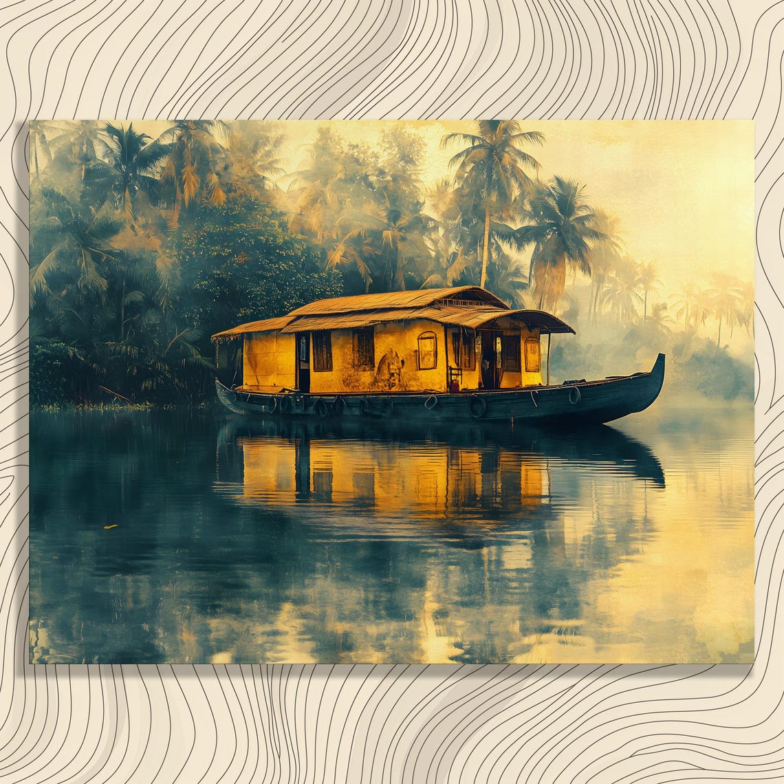 Tropical River Houseboat Palms Golden Morning Reflection Poster