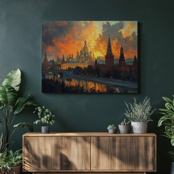 Vibrant Moscow Sunset Painting Colorful Contemporary Cityscape Wall Art Canvas Print Of Red Square Skyline At Twilight For Home Decor