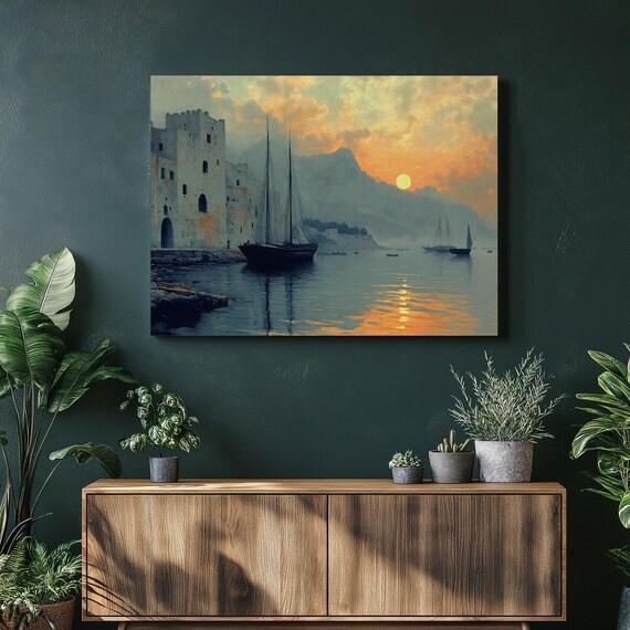 Mediterranean Harbor Sunrise Canvas Wall Art Sailing Ships Coastal Decor