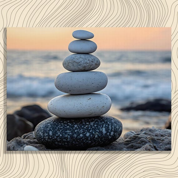 Zen Stone Stack Canvas Wall Art Beach Pebble Cairn At Sunset Calming Coastal Decor Seascape Print For Meditation And Yoga Spaces