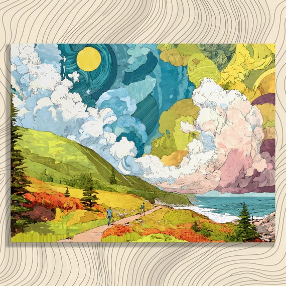 Vibrant Landscape Canvas Wall Art Colorful Clouds And Hills Nature Print Sunrise Scene Watercolor Decor For Adults Teens