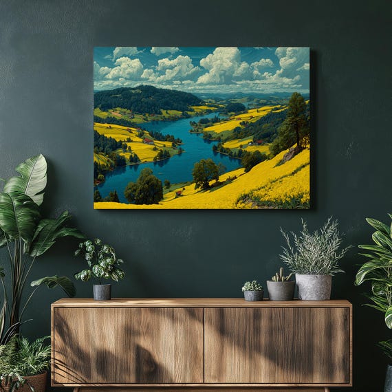 Colorful Countryside Lake Canvas Wall Art Vibrant Landscape Painting Print Rolling Hills Wildflowers Blue Farmhouse Decor Gift