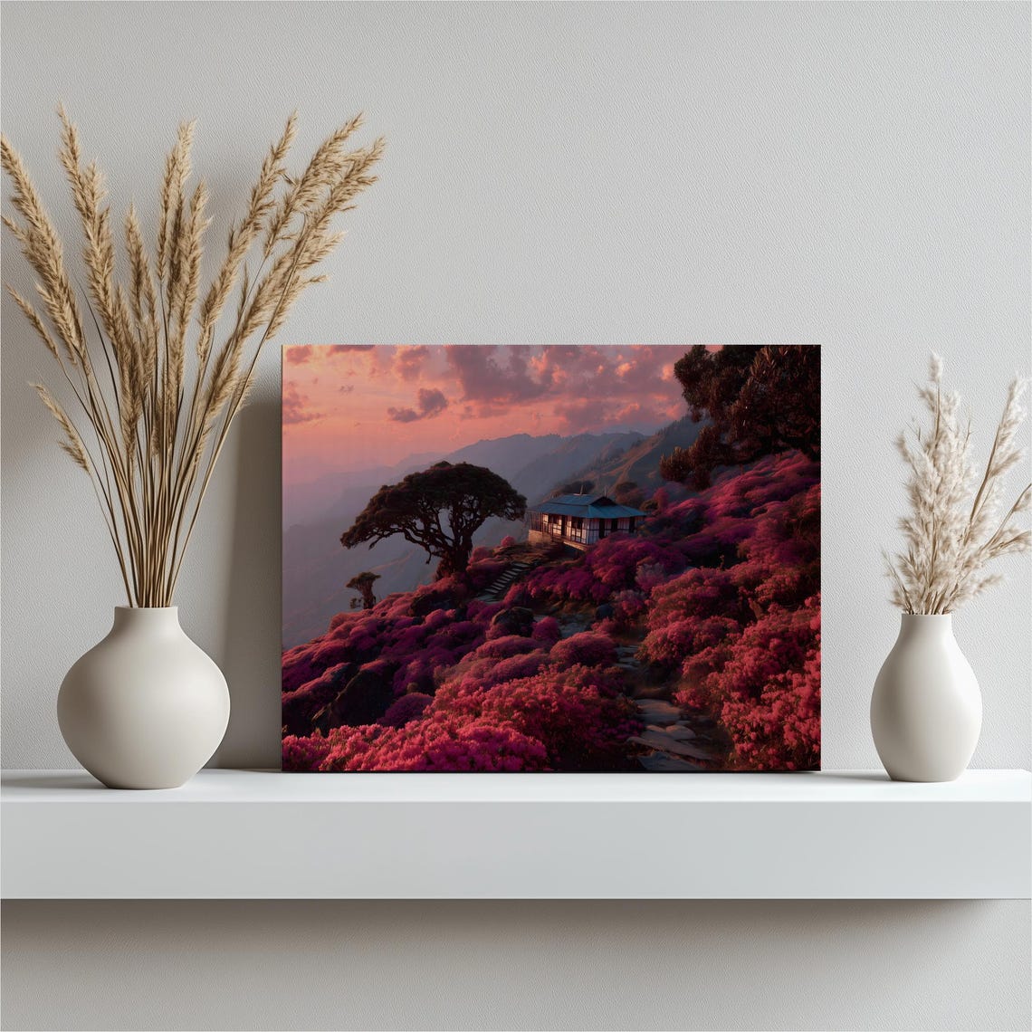 Mountain Cottage Sunset Pink Blossom Hillside Dreamy Landscape Poster