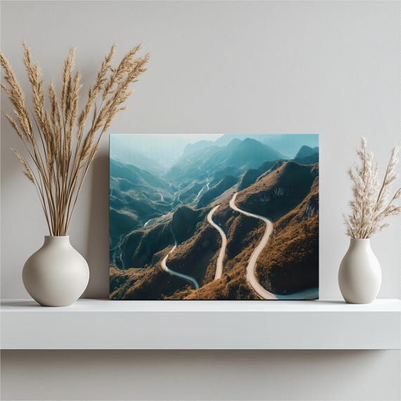 Winding Mountain Road Canvas Wall Art Scenic View Landscape Print Aerial Hills Valley Photorealistic Modern Nature Adventure Decor Gift