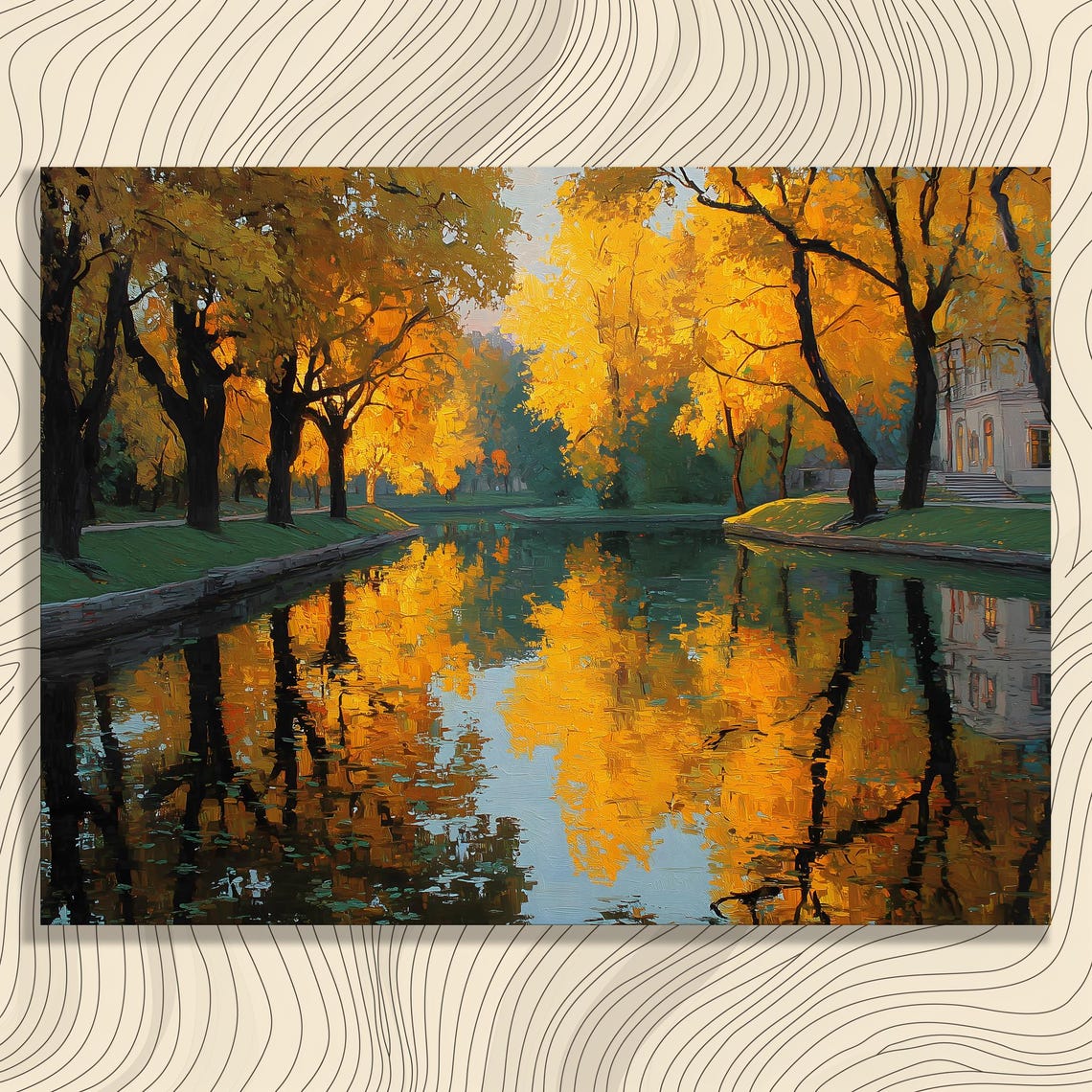 Golden Autumn Trees Reflected in a Calm Canal Painting Wall Art