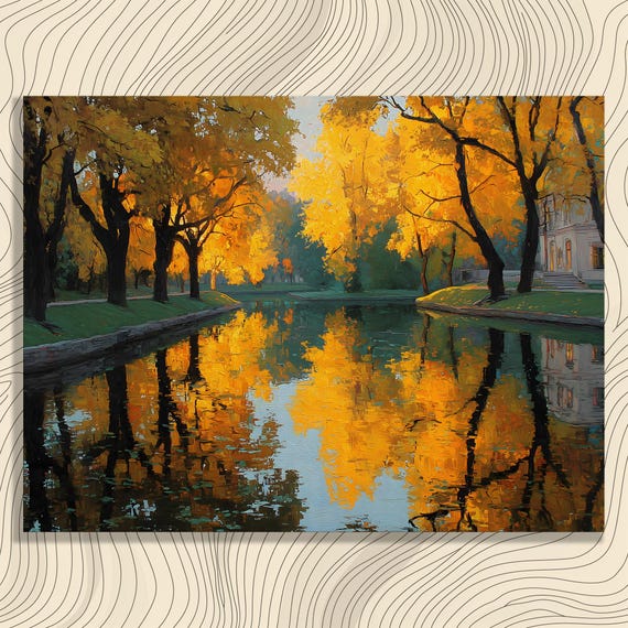 Golden Autumn Trees Reflected in a Calm Canal Painting Wall Art