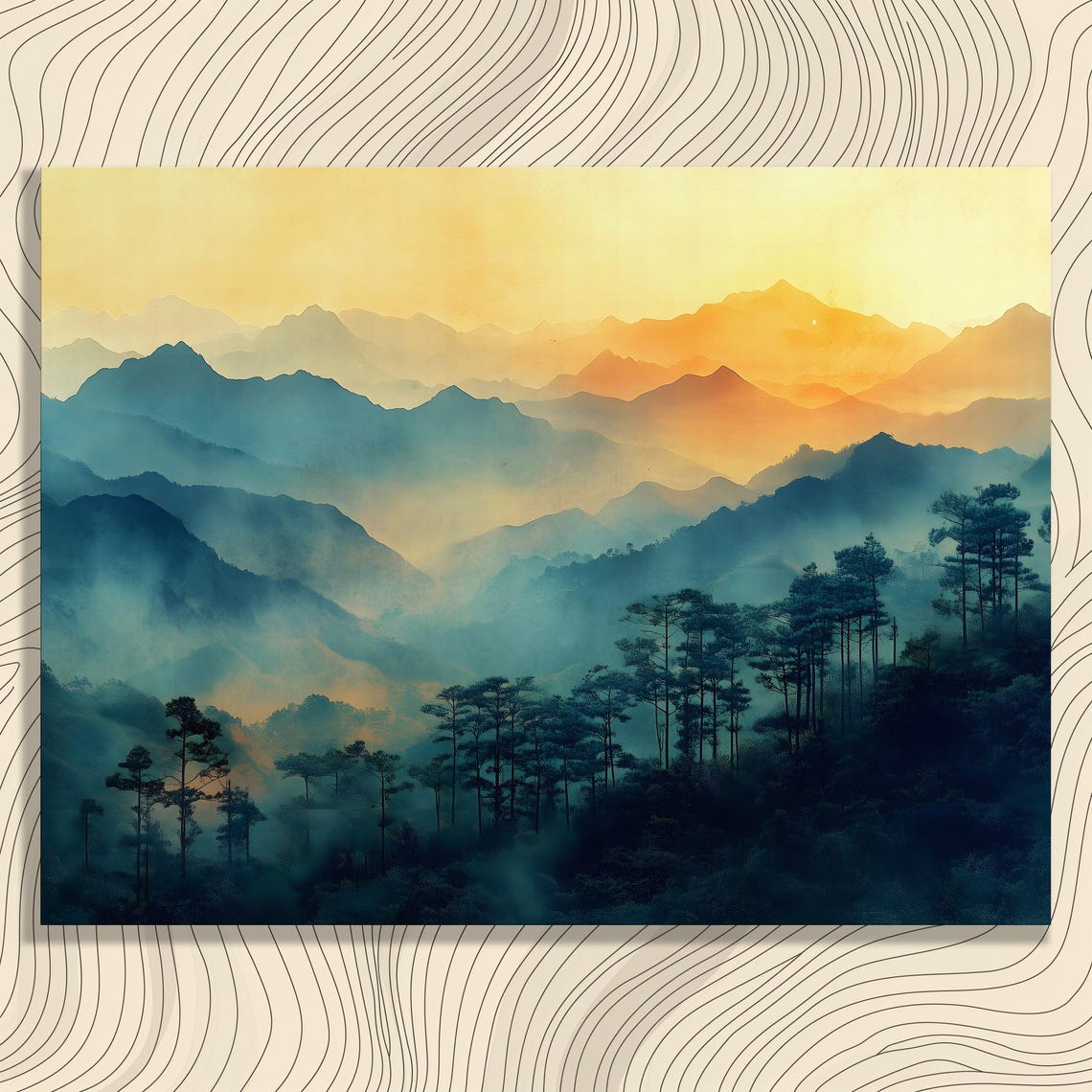 Layered Mountain Ridges Golden Sunrise Pine Forest Art Poster
