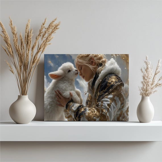 Angel With Lamb Canvas Wall Art Ethereal Guardian Portrait In Golden Embroidered Robe Celestial Light Animal Bond Spiritual Decor