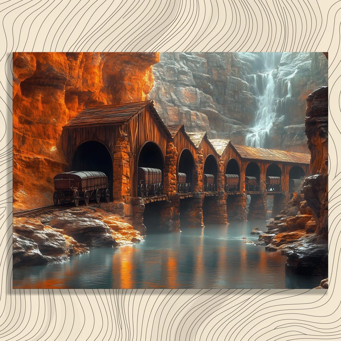 Covered Wooden Railway Bridge Canyon Waterfall Rustic Poster