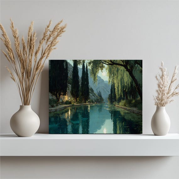 Moonlit River Canvas Wall Art Night Nature Painting Print With Mountain Weeping Willow And Cypress Trees Colorful Landscape Decor
