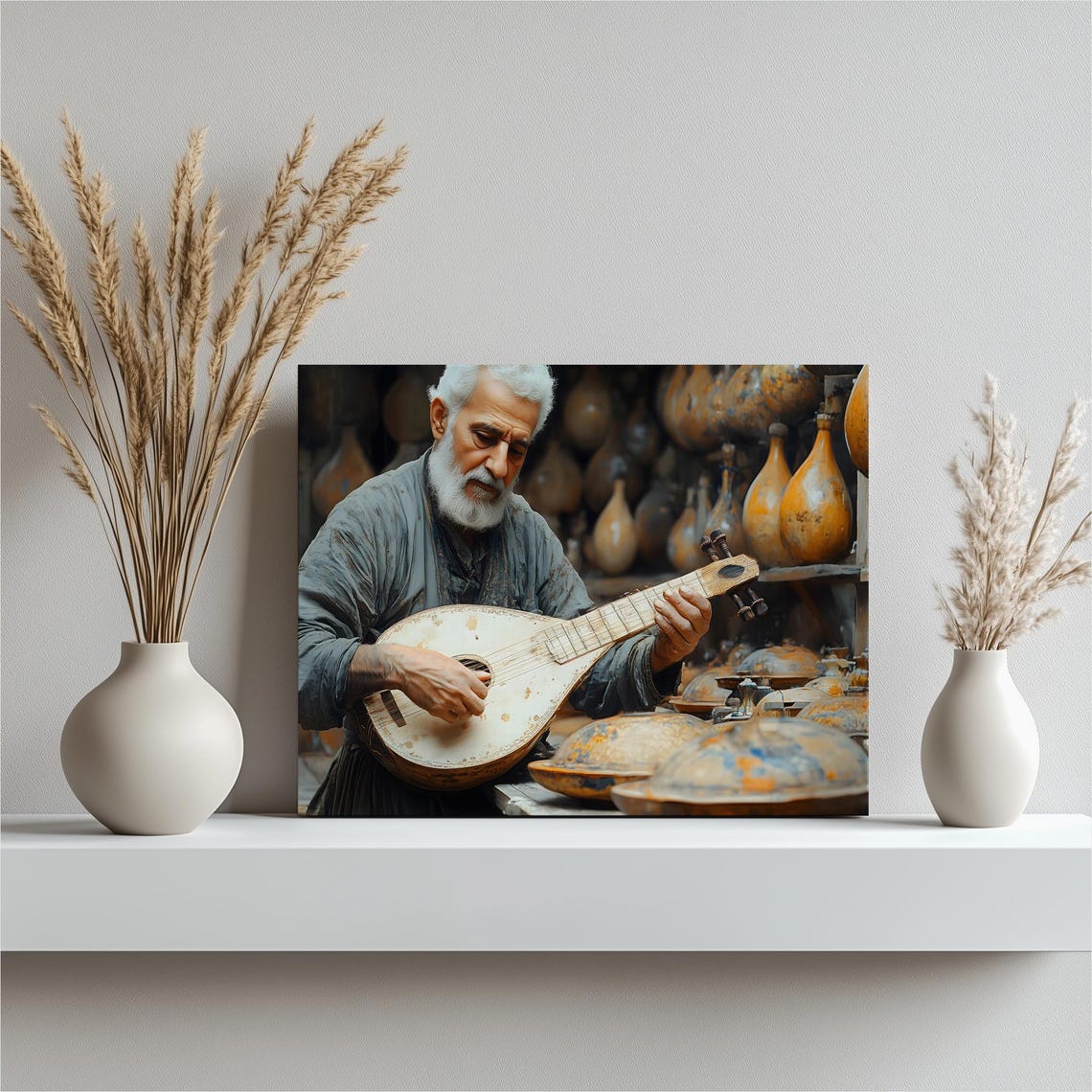 Elderly Musician Playing Oud in Pottery Workshop Portrait Poster