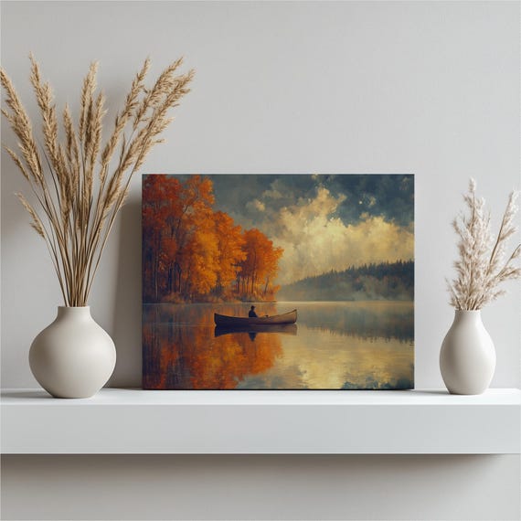 Lone Canoe on Autumn Lake Golden Trees Misty Morning Art Poster
