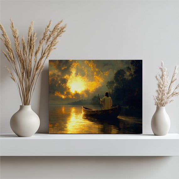 Canoe Lake Sunset Canvas Wall Art Traditional Rustic Nature Landscape Painting Print Decor Gift Spiritual Golden Cloudscape Silhouette
