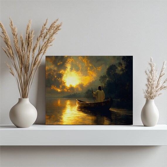 Canoe On Golden Sunset Lake Robed Figure Peaceful Art Poster