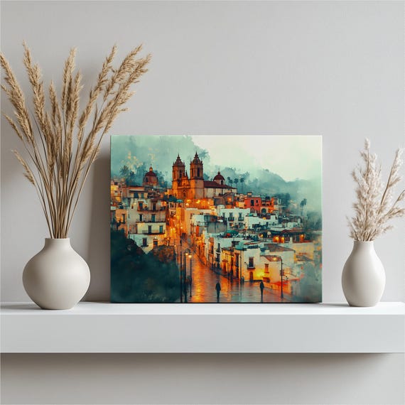 Mexican Hillside Town Canvas Wall Art Colonial Church Street Scene With Rainy Cobblestone Road Glowing Evening Lights Cityscape Print