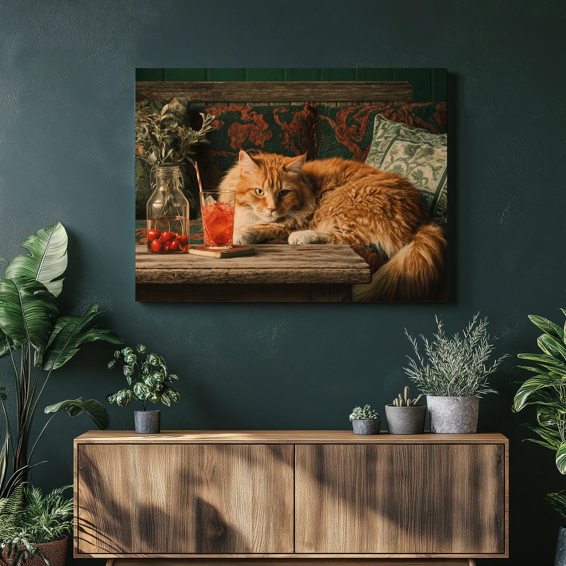 Orange Long Haired Ginger Cat With Cocktail Cat Cafe Art Print