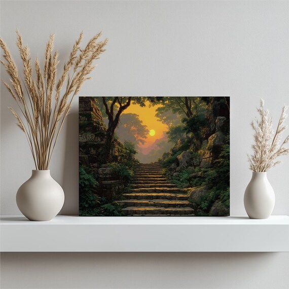 Ancient Stone Stairs Jungle Path Sunset Ruins Landscape Print