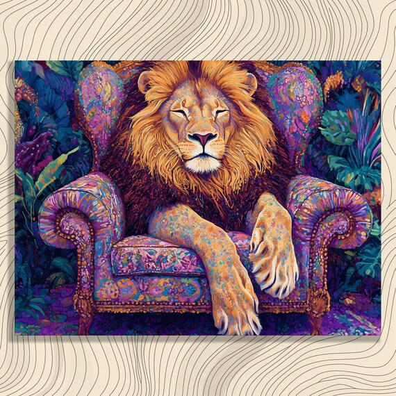 Majestic Lion Canvas Wall Art Colorful Jungle Throne Portrait Vibrant Regal Animal Decor In Pointillism Style Tropical Statement Piece