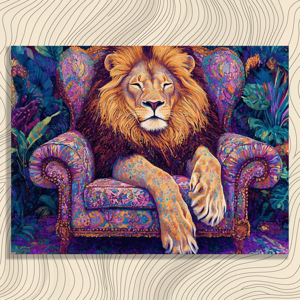 Colorful Lion Resting Armchair Jungle Pattern Wildlife Art Poster